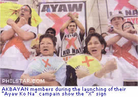 Akbayan members show the "X" sign during their "Ayaw Ko Na" campaign