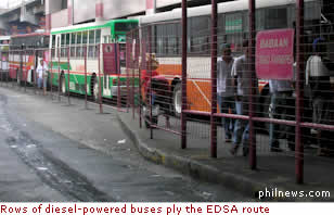 Rows of diesel-powered buses ply the EDSA route