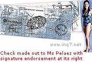 Check made out to Ms Pelaez with signature endorsement at its right