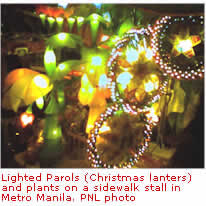 Lighted Parols (Christmas lanters) and plants on a sidewalk stall in Metro Manila. PNL photo