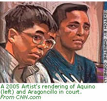 A 2005 Artist's rendering of Aquino (left) and Aragoncillo in court.