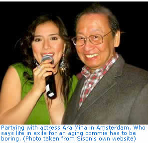 Partying with actress Ara Mina in Amsterdam. Who says life in exile for an aging commie has to be boring. (Photo taken from Sison's own website)