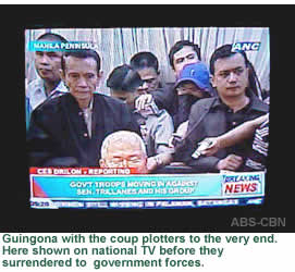 Guingona with the coup plotters to the very end. Here shown on national TV before they surrendered to  government forces