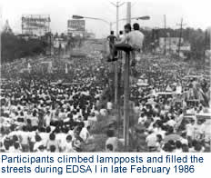 Participants climbed lampposts and filled the streets during EDSA I in late February 1986