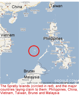 The Spratly Islands (circled in red), and the major countries laying claim to them: Philippines, China, Vietnam, Taiwan, Brunei and Malaysia