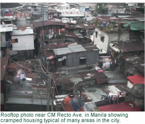 Rooftop photo near CM Recto Ave. in Manila showing cramped housing typical of many areas in the city.