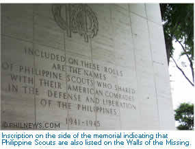 Inscription on the side of the memorial indicating that Philippine Scouts are also listed on the Walls of the Missing