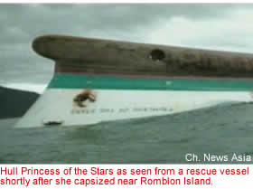 Hull Princess of the Stars as seen from a rescue vessel shortly after she capsized near Romblon Island.