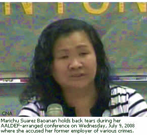 Marichu Suarez Baoanan holds back tears during her AALDEF-arranged conference on Wednesday, July 9, 2008 where she accused her former employer of various crimes.