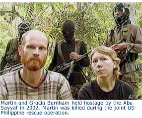 Martin and Gracia Burnham held hostage by the Abu Sayyaf in 2002. Martin was killed during the joint US- Philippine rescue operation.