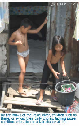 By the banks of the Pasig River, children such as these, carry out their daily chores, lacking proper nutrition, education or a fair chance at life.