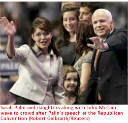 Sarah Palin and daughters along with John McCain wave to crowd after Palin's speech at the Republican Convention (Robert Galbraith/Reuters)