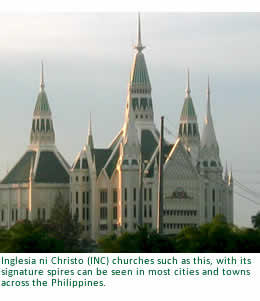 Inglesia ni Christo (INC) churches such as this, with its signature spires can be seen in most cities and towns across the Philippines. 