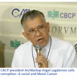 CBCP president Archbishop Angel Lagdameo calls corruption--A social and Moral Cancer