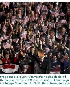 President-elect Sen. Obama after being declared the winner of the 2008 U.S. Presidential Campaign in Chicago November 4, 2008.