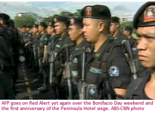 AFP goes on Red Alert yet again over the Bonifacio Day weekend and the first anniversary of the Peninsula Hotel siege.