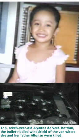 Top, seven-year-old Alyanna de Vera. Bottom, the bullet-riddled windshield of the van where she and her father Alfonzo were killed
