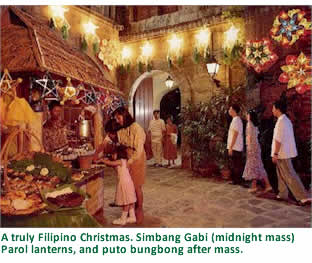 A truly Filipino Christmas. Simbang Gabi (midnight mass) Parol lanterns, and puto bungbong after mass