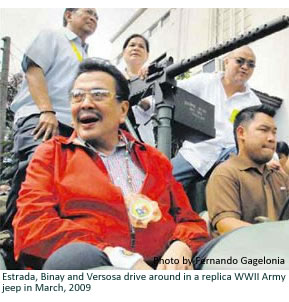 Estrada, Binay and Versosa drive around in a replica WWII Army jeep in March, 2009