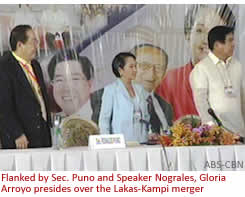 Flanked by Sec. Puno and Speaker Nograles, Gloria Arroyo presides over the Lakas-Kampi merger
