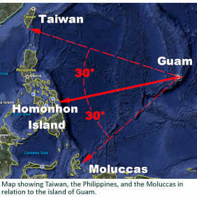 Map showing Taiwan, the Philippines, and the Moluccas in relation to the island of Guam