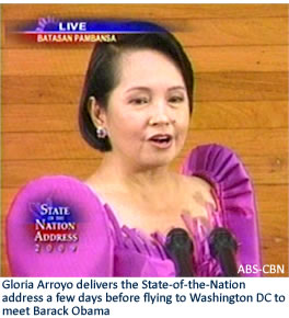 Gloria Arroyo delivers the State-of-the-Nation address a few days before flying to Washington DC to meet Barack Obama