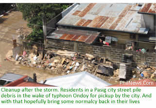 Cleanup after the storm. Residents in a Pasig city street pile debris in the wake of typhoon Ondoy for pickup by the city. And with that hopefully bring some normalcy back in their lives