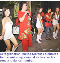 Octogennarian Imelda Marcos celebrates her recent congressional victory with a song and dance number