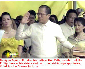 Benigno Aquino III takes his oath as the 15th President of the Philippines as his sisters and controversial Arroyo appointee, Chief Justice Corona look on