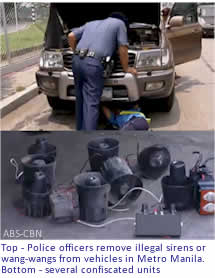 Top - Police officers remove illegal sirens or wang-wangs from vehicles in Metro Manila. Bottom - several confiscated units