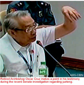 Retired Archbishop Oscar Cruz makes a point in his testimony during the recent Senate investigation regarding jueteng