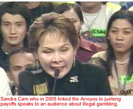 Sandra Cam who in 2005 linked the Arroyos to jueteng payoffs speaks to an audience about illegal gambling