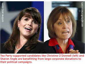 Tea Party-supported candidates like Christine O'Donnell (left) and Sharon Angle are benefitting from large corporate donations to their political campaigns