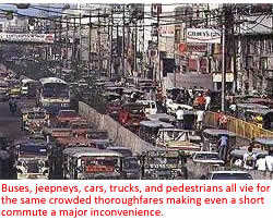 Buses, jeepneys, cars, trucks, and pedestrians all vie for the same crowded thoroughfares making even a short commute a major inconvenience