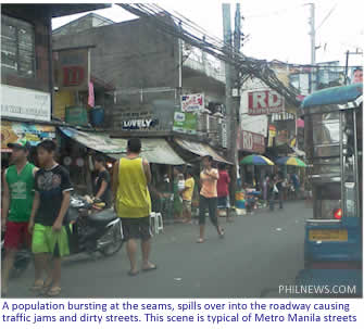 A population bursting at the seams, spills over into the roadway causing traffic jams and dirty streets. This scene is typical of Metro Manila streets