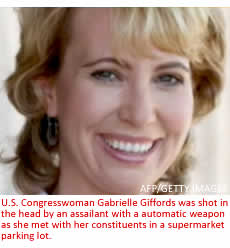 U.S. Congresswoman Gabrielle Giffords was shot in the head by an assailant with a automatic weapon as she met with her constituents in a supermarket parking lot