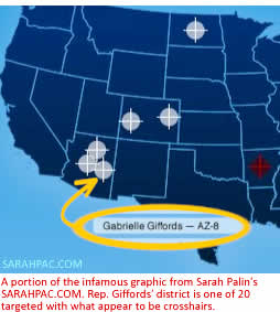 A portion of the infamous graphic from Sarah Palin's SARAHPAC.COM. Rep. Giffords' district is one of 20 targeted with what appear to be crosshairs