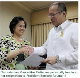 Ombudsman Merceditas Gutierrez personally tenders her resignation to President Benigno Aquino III