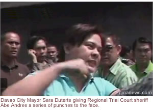 Davao City Mayor Sara Duterte giving Regional Trial Court sheriff Abe Andres a series of punches to the face 