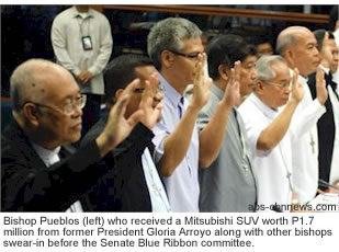 Bishop Pueblos (left) who received a Mitsubishi SUV worth P1.7 million from former President Gloria Arroyo along with other bishops swear-in before the Senate Blue Ribbon committee