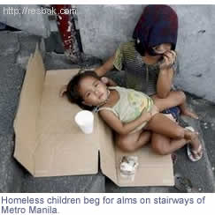 Homeless children beg for alms on stairways of Metro Manila