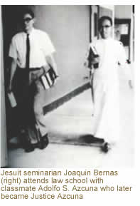 Jesuit seminarian Joaquin Bernas (right) attends law school with classmate Adolfo S. Azcuna who later became Justice Azcuna