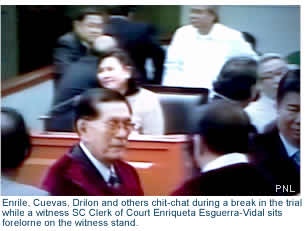 Enrile, Cuevas, Drilon and others chit-chat during a break in the trial while Clerk of Court Enriqueta Esguerra-Vidal sits forelorne in the witness stand