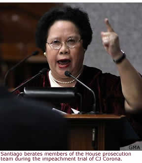 Sen. Miriam Santiago berates members of the House prosecution team during the impeachment trial of CJ Corona.