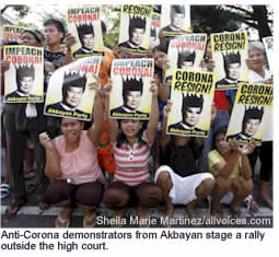 Anti-Corona demonstrators from Akbayan stage a rally outside the high court