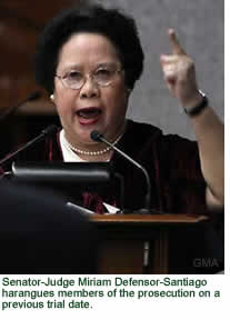 Senator-Judge Miriam Defensor-Santiago harangues members of the prosecution on a previous trial date