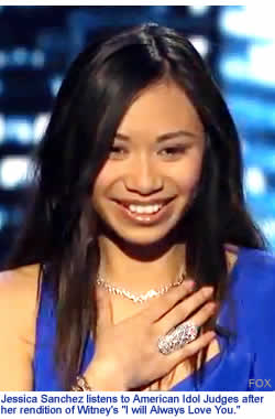 Jessica Sanchez listens to American Idol Judges after her rendition of Witney's "I will Always Love You"