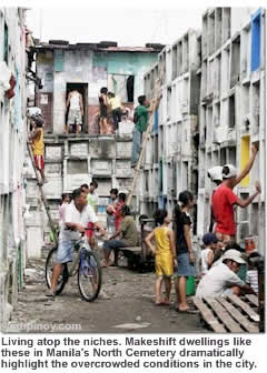 Living atop the niches. Makeshift dwellings like these in Manila's North Cemetery highlight the overcrowded conditions in the city