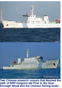 Two Chinese research vessels that blocked the path of BRP Gregorio del Pilar to the Scar- borough Shoal and the Chinese fishing boats
