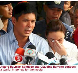 Actors Raymart Santiago and Claudine Barretto conduct a tearful interview for the media